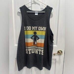 PORT & COMPANY "I Do My Own Stunts" Mens Gray Distressed Tank SIZE XL Pre Loved